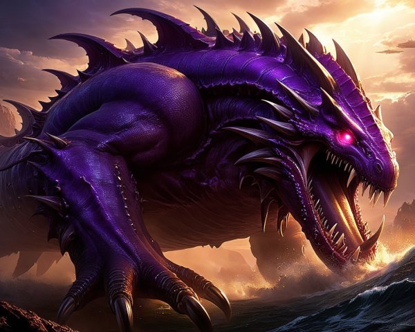 Purple-Scaled Dragon Emerges from Ocean at Sunset