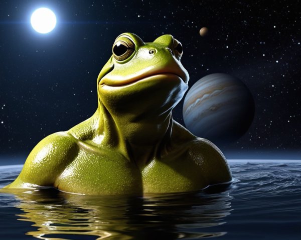 Muscular Green Frog in Cosmic Night Landscape