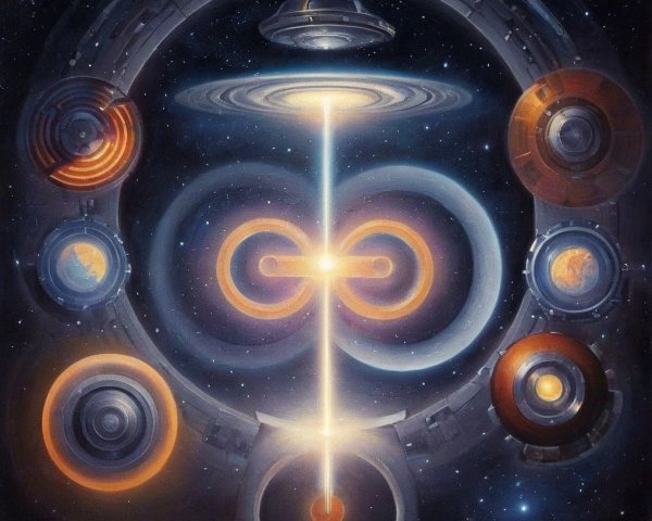 Cosmic Scene with Central Light and Orbiting Spacecraft
