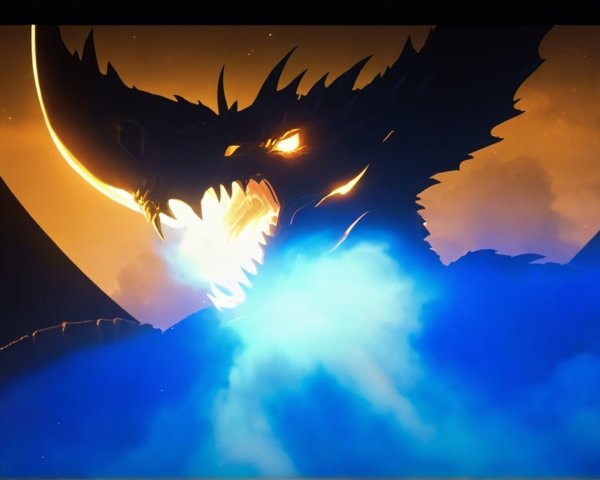 Colossal Dragon Against Fiery Orange Sky Background