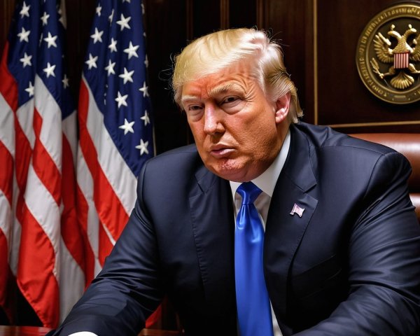 Man in Dark Suit at Desk with American Flags