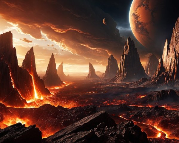 Dramatic Alien Landscape with Lava and Mountains