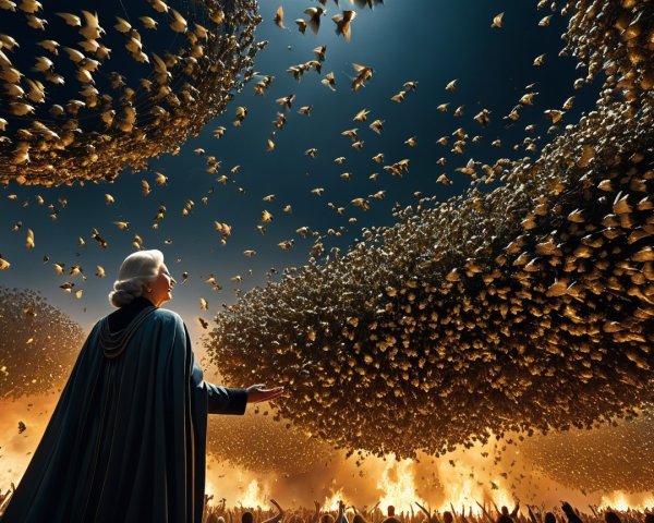 Elderly Woman in Cloak Surrounded by Birds and Crowd