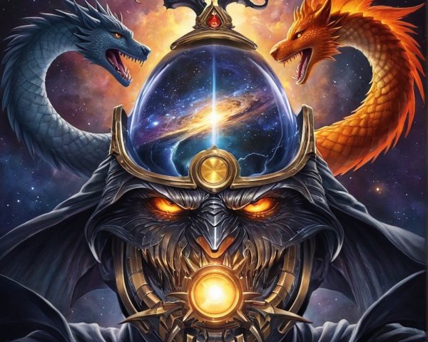 Dramatic Fantasy Scene with Dragons and Cosmic Orb