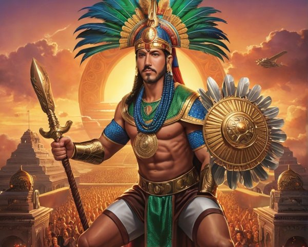 Warrior in Feathered Regalia with Spear and Shield