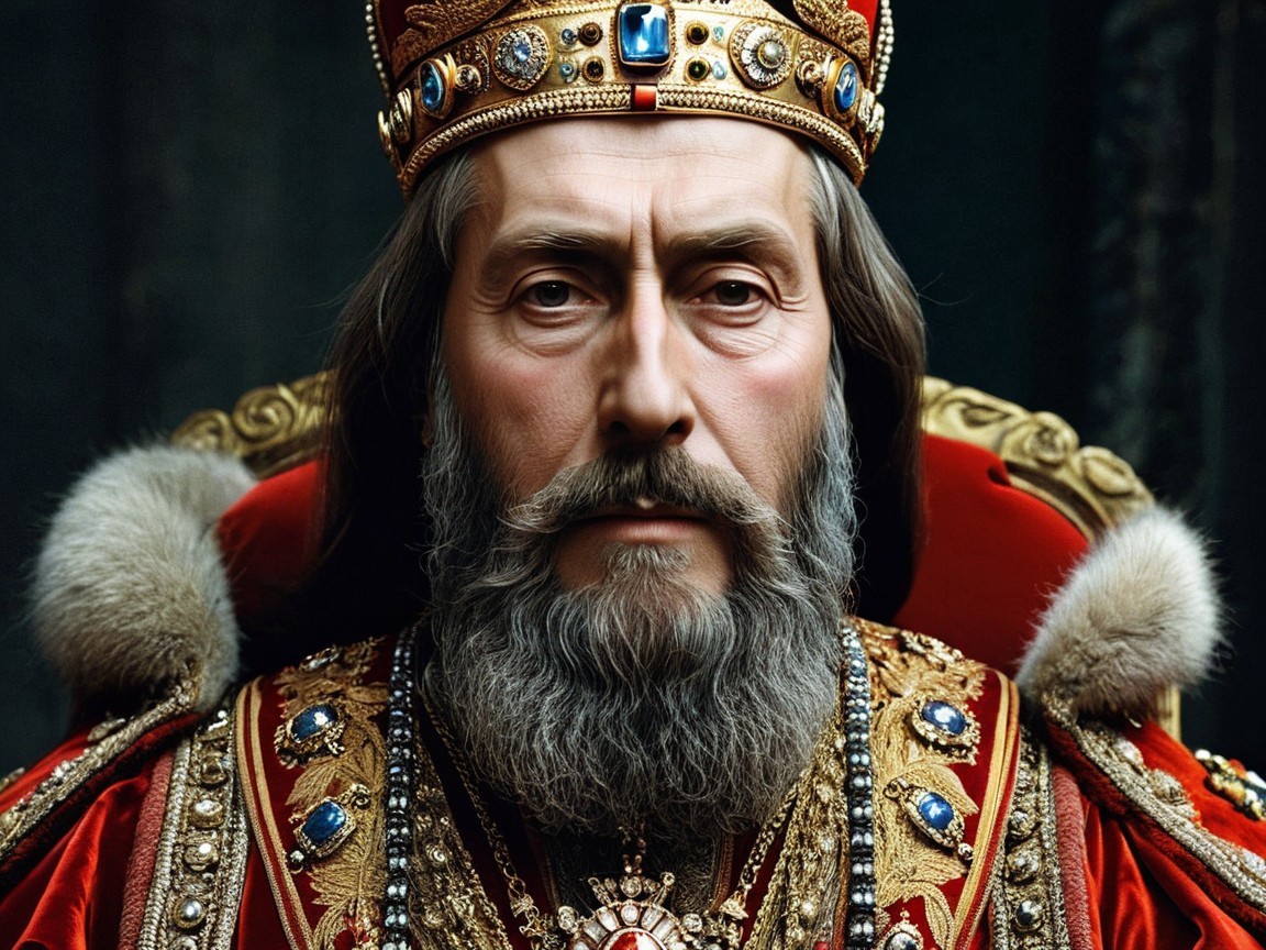 Regal figure on ornate throne in grand palace setting