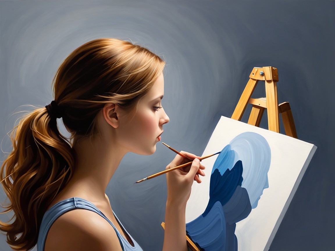 Young Woman Painting Abstract Portrait on Canvas