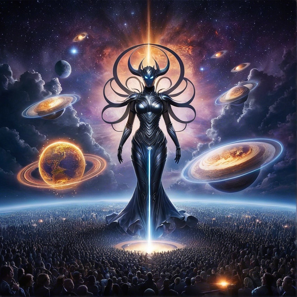 Futuristic Figure Amidst Cosmic Galaxies and Planets