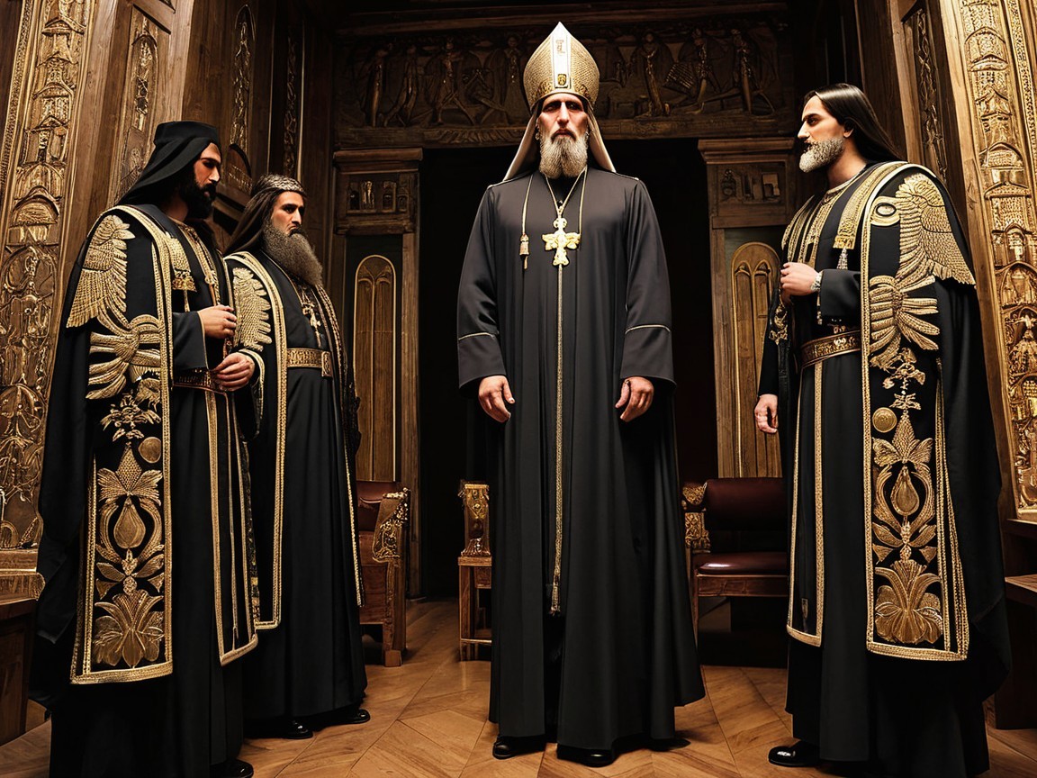 Four Figures in Ornate Black Robes in Ancient Interior