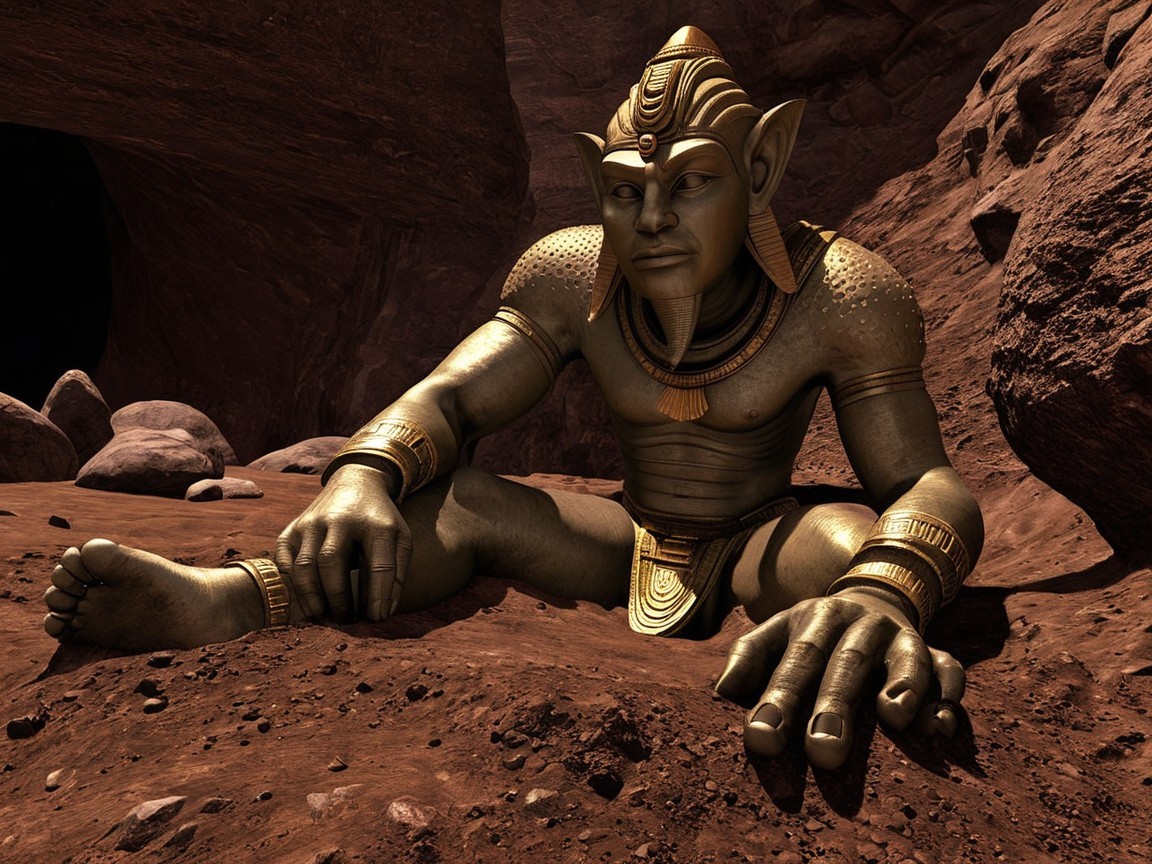 Humanoid Stone Statue in Dark Rocky Cave Setting