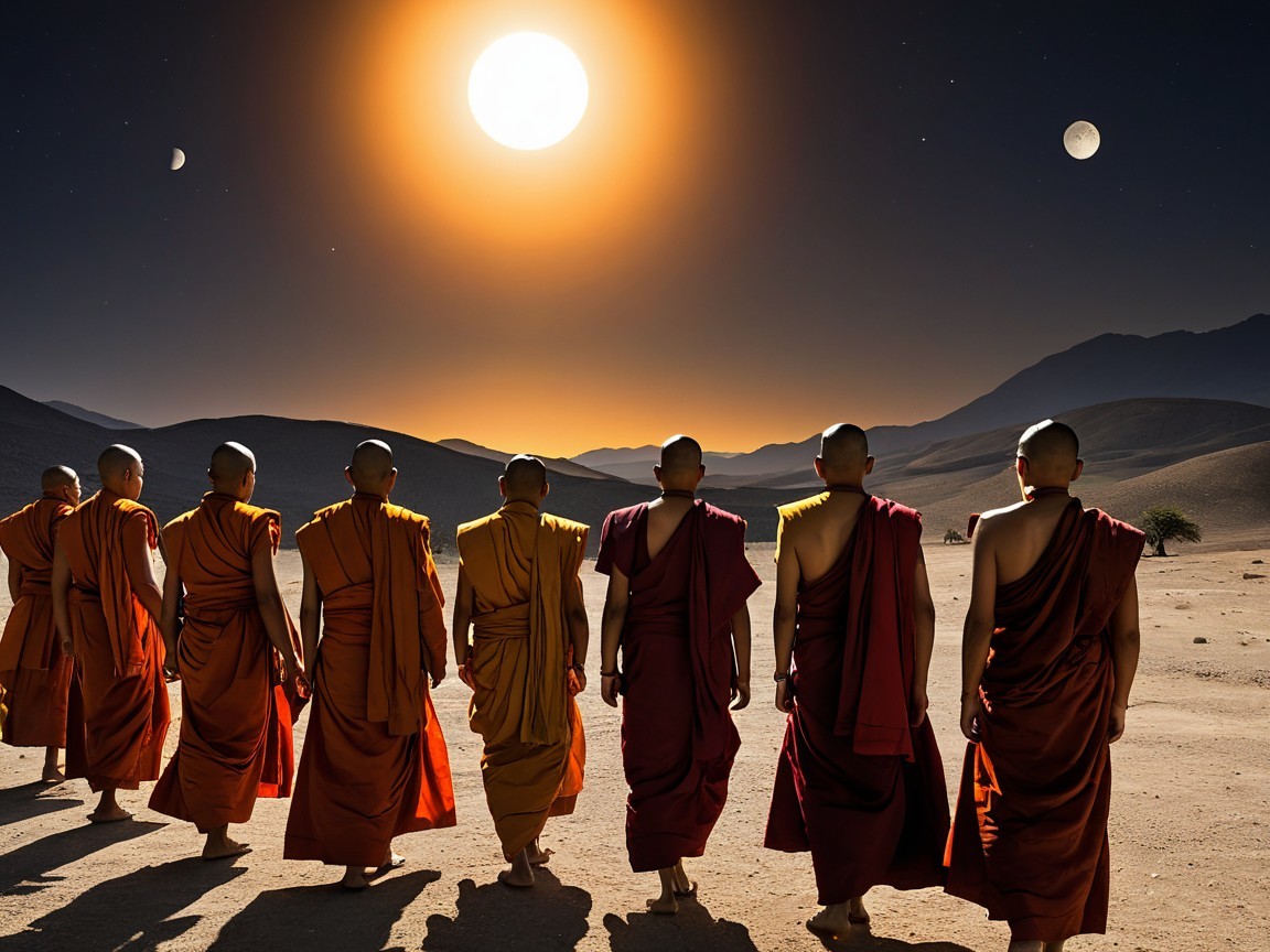 Monks in Silhouette Against a Surreal Desert Landscape