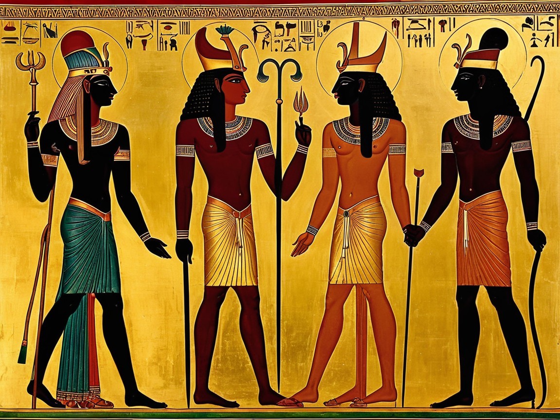 Ancient Egyptian Deities with Ornate Headdresses and Jewelry