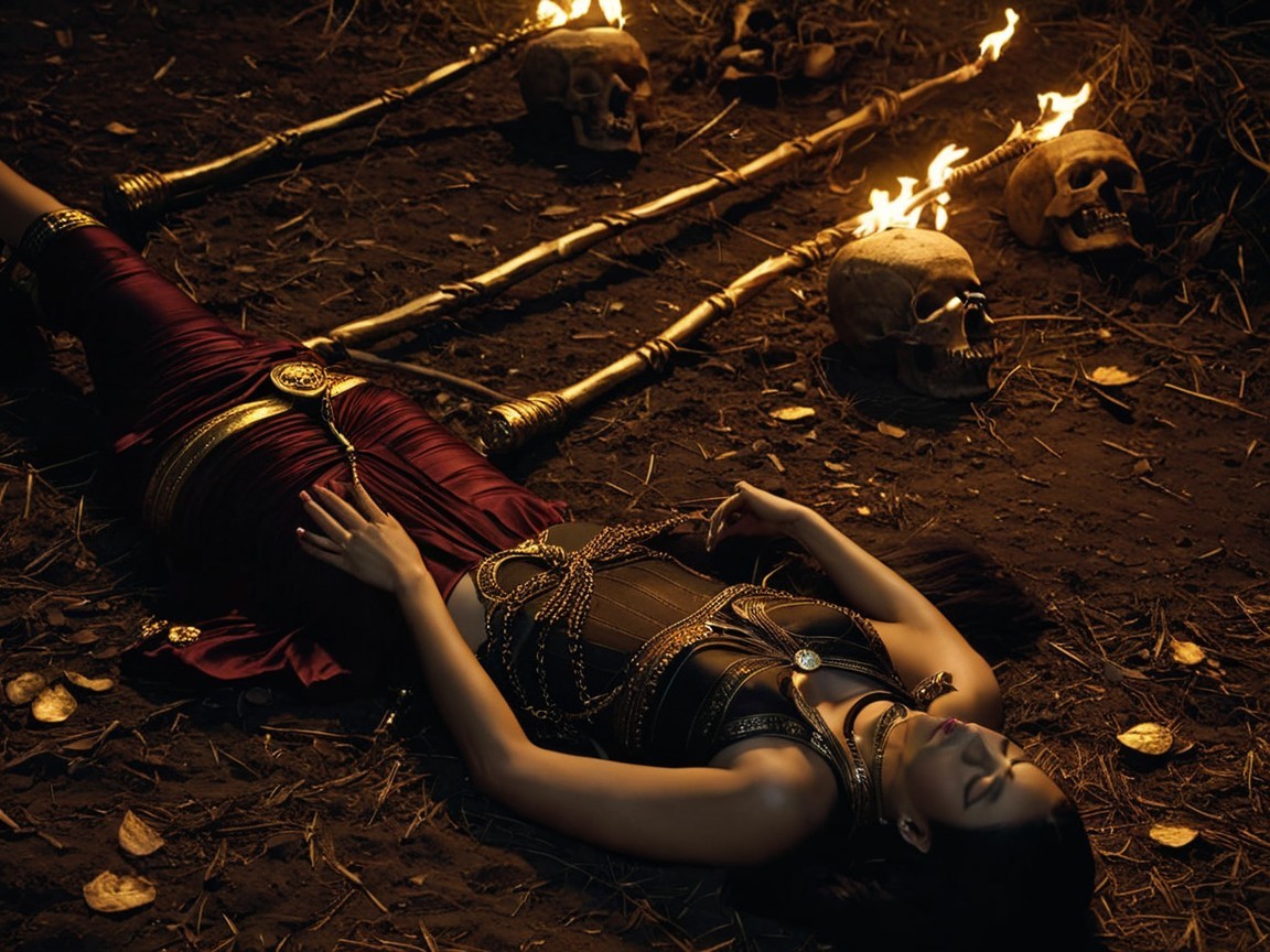 Woman in Dark Outfit Surrounded by Torches and Skulls