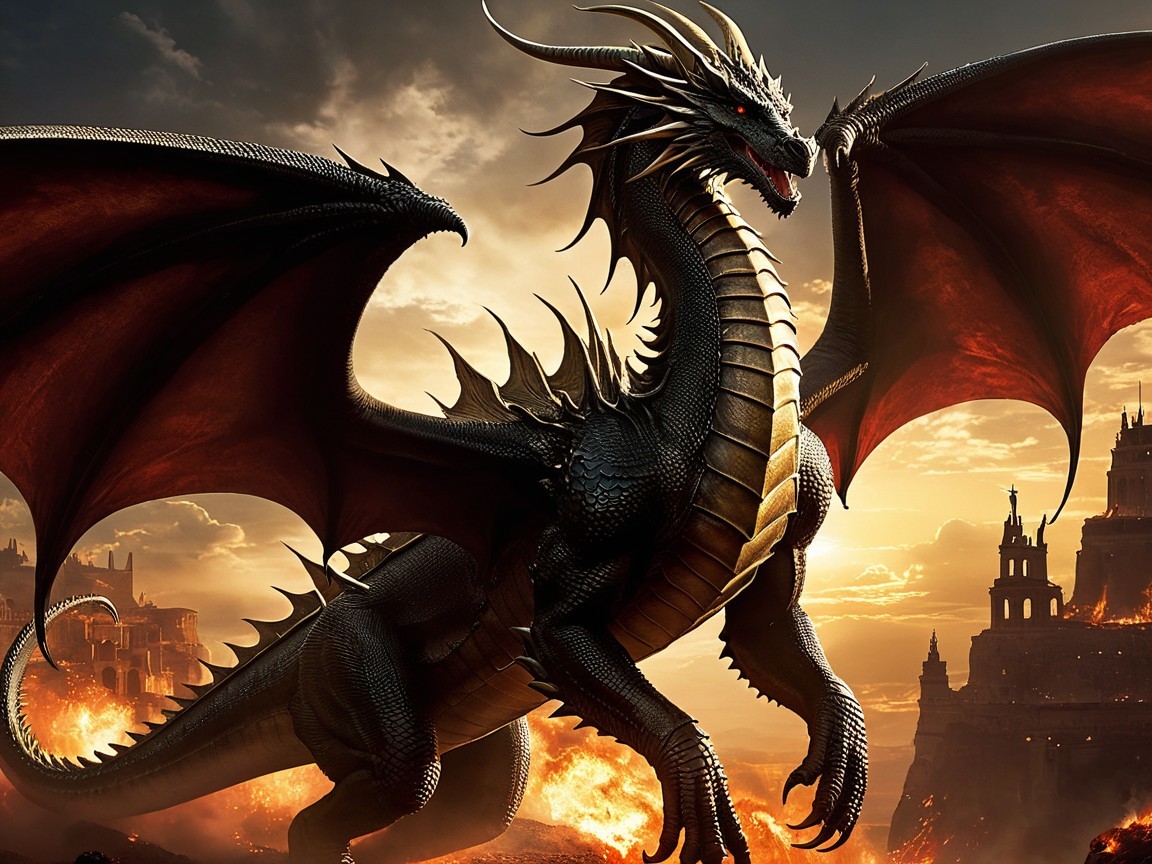Majestic dragon in a fiery, dramatic landscape