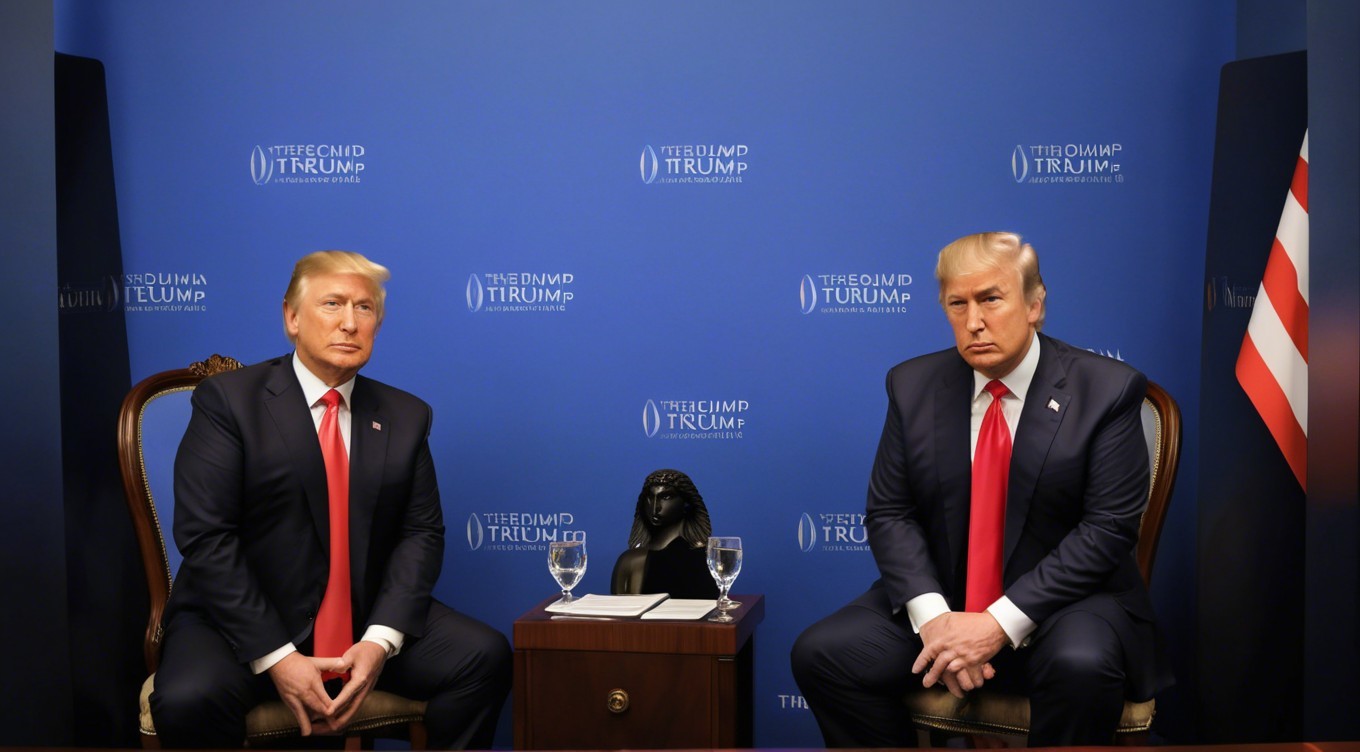 Identical Figures in Suits Against Blue Backdrop