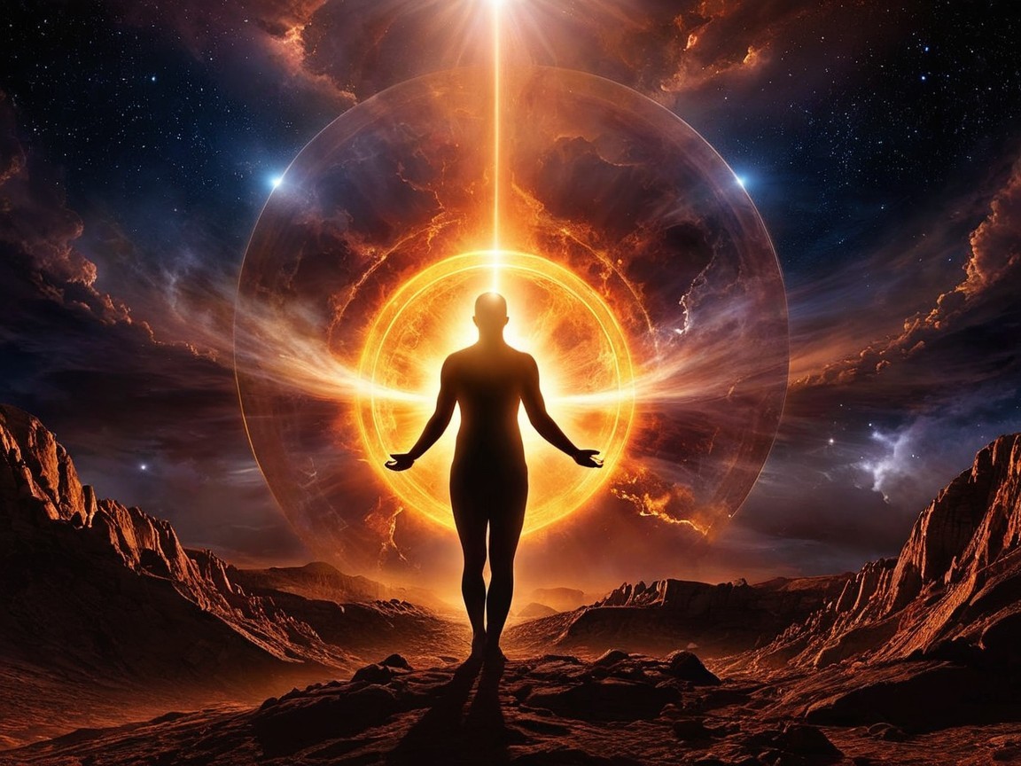 Silhouetted Figure in Cosmic Landscape with Golden Orb