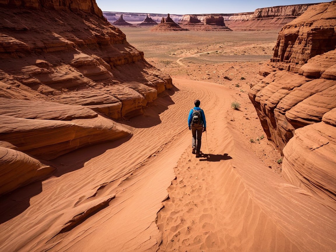 Solitary Hiker on Sandy Path in Desert Landscape