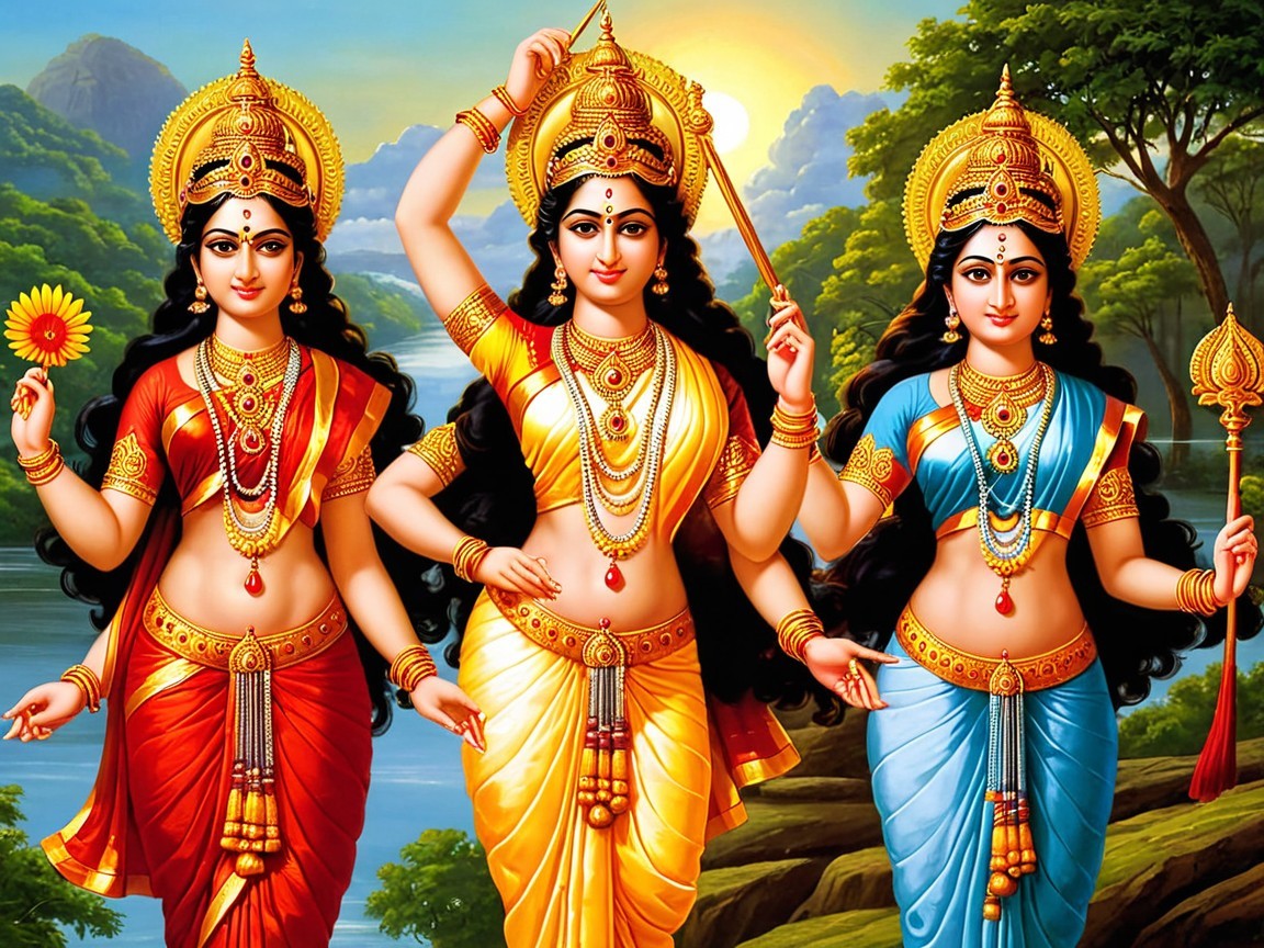 Three Divine Figures in Vibrant Landscape Art