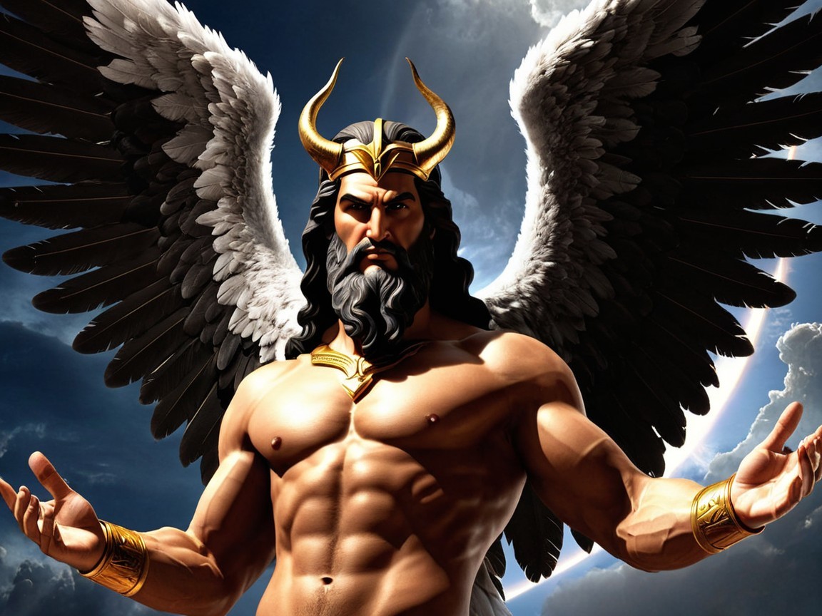 Mythical figure with wings and ornate crown in clouds