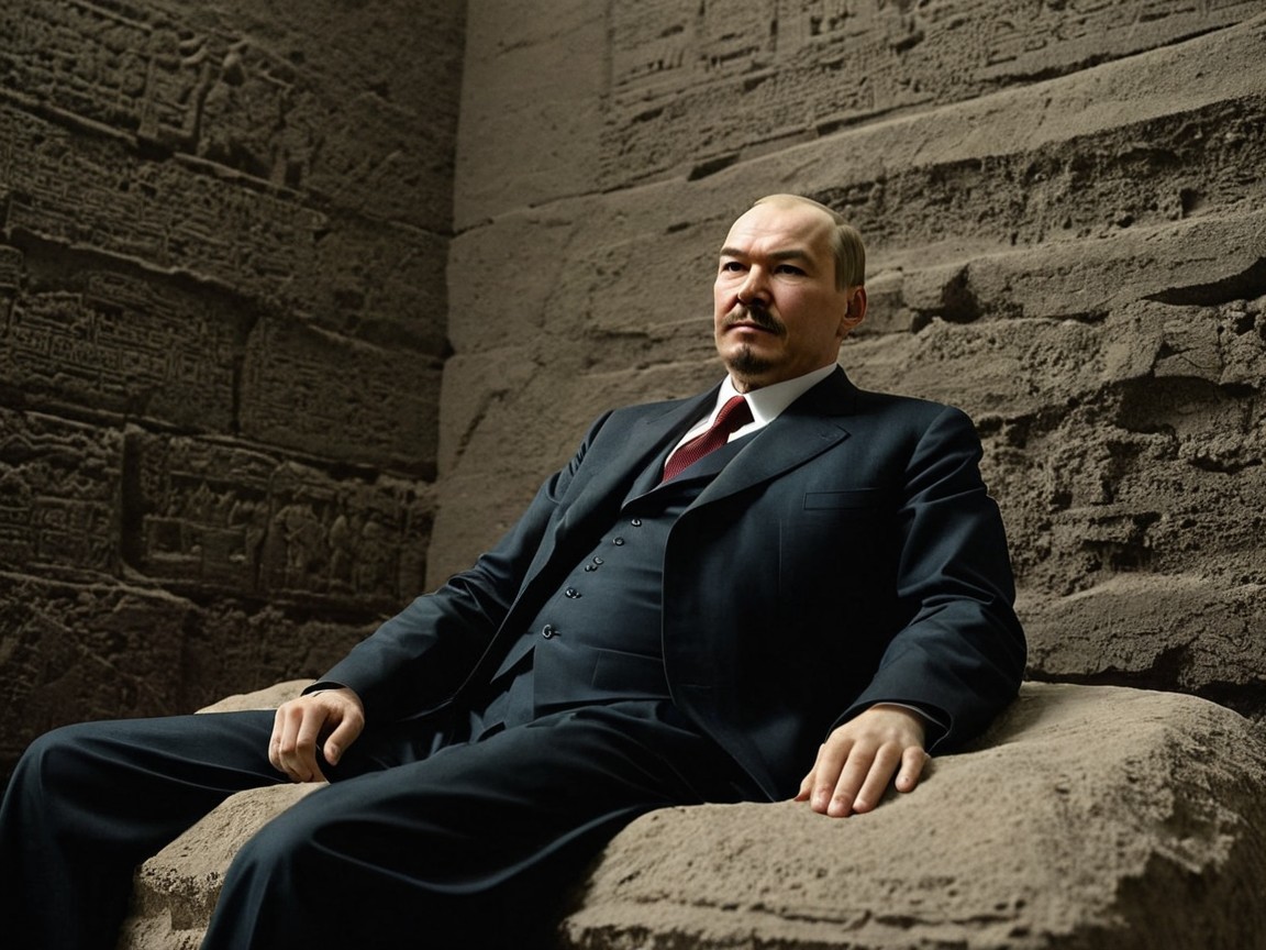 Figure in Dark Suit on Stone Throne in Ancient Chamber