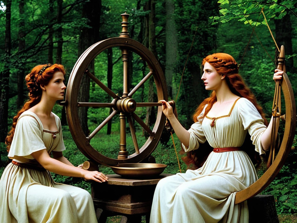 Women Spinning Thread in a Lush Green Forest
