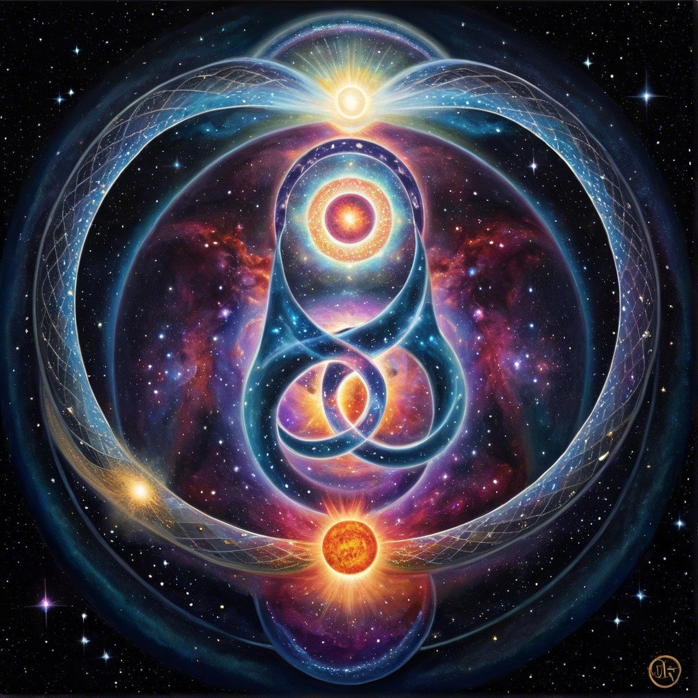 Cosmic Illustration of Intertwining Orbs and Galaxies