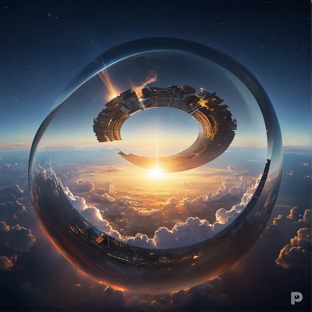 Surreal Reflection of a Futuristic City at Sunrise