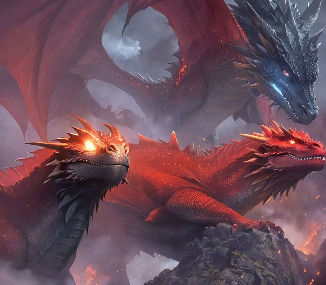 Three Distinct Dragons in a Dramatic Scene