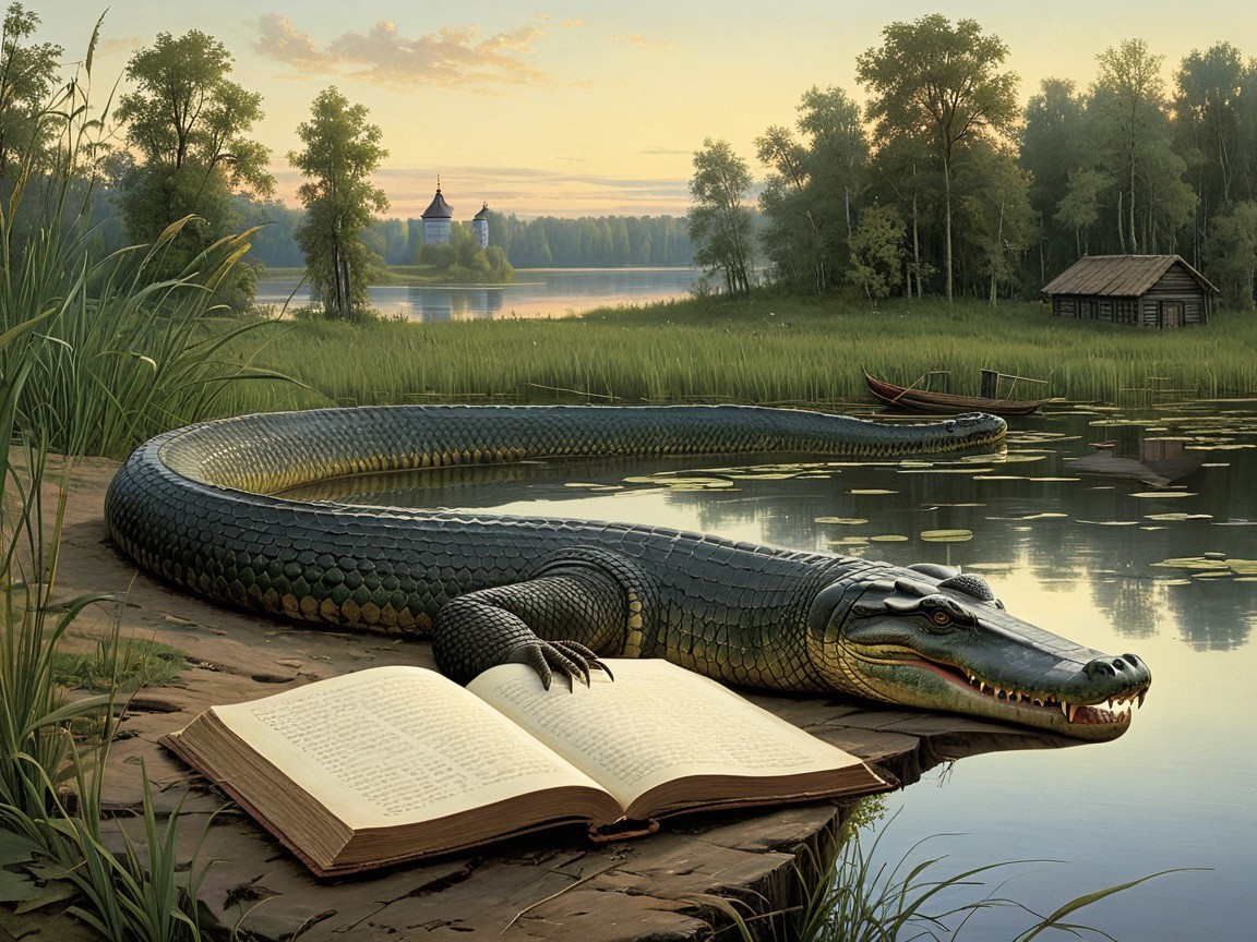 Lakeside Scene with Crocodile and Open Book