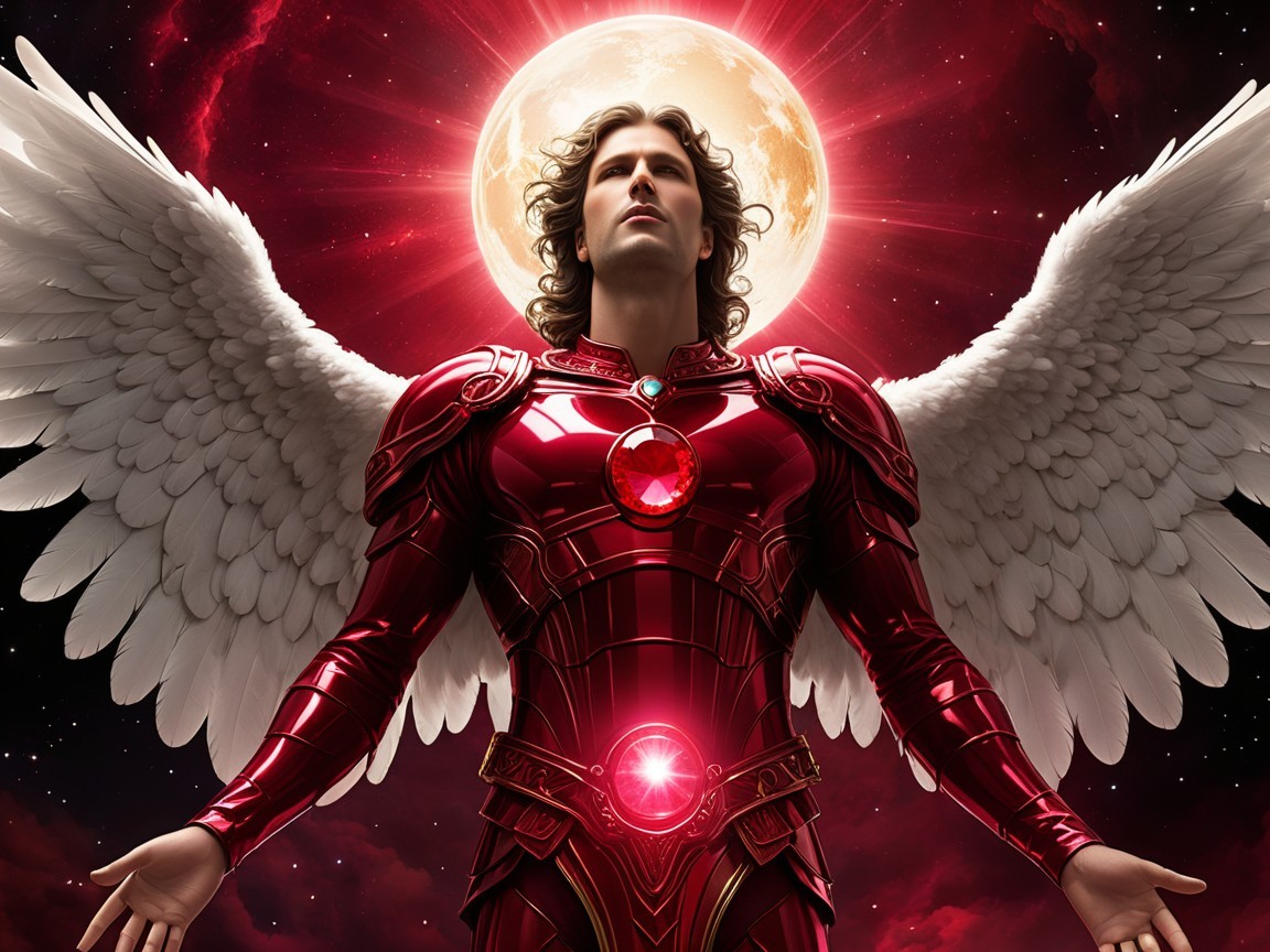 Angelic Figure in Red Armor Beneath a Luminous Moon