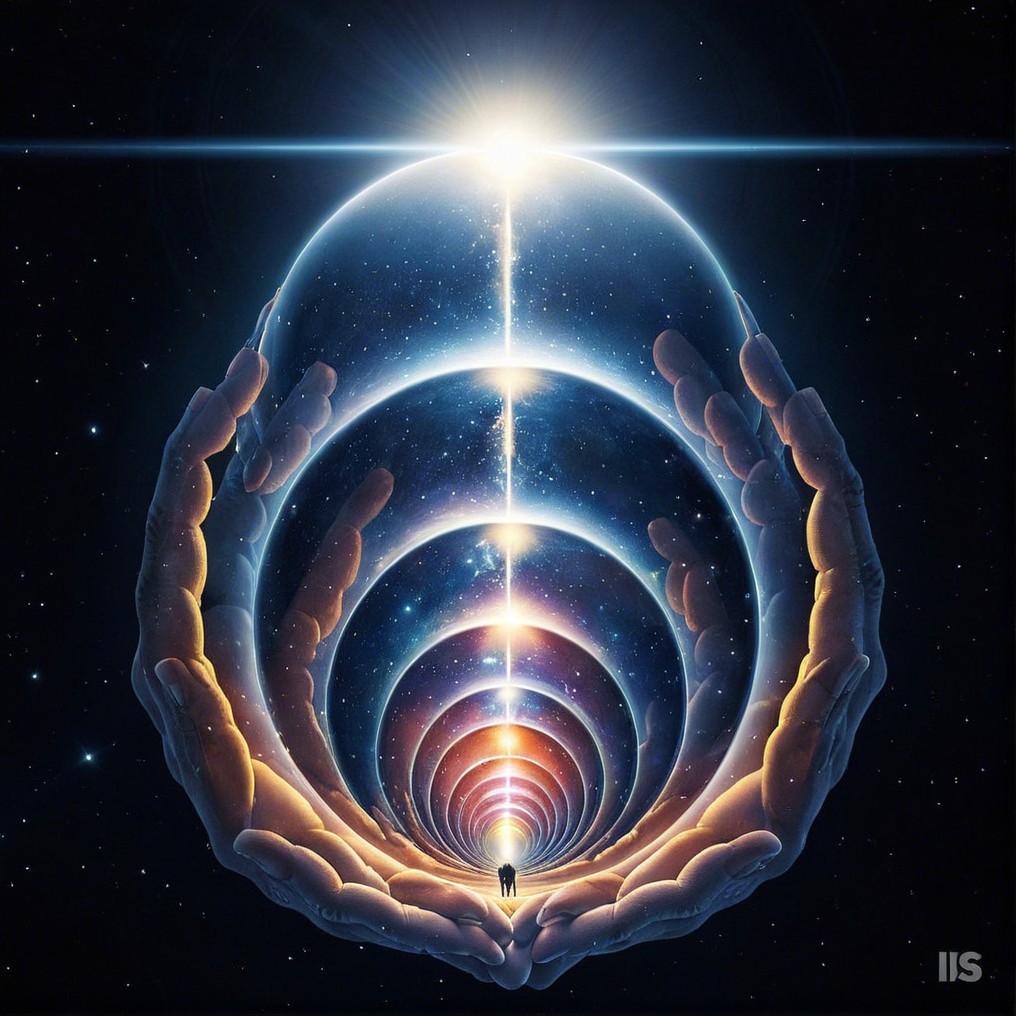Surreal Cosmic Scene with Nested Orbs and Light