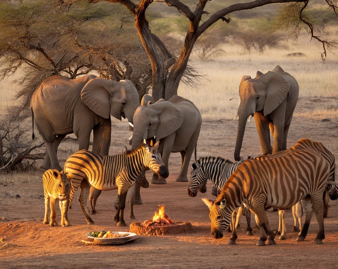 Elephants and Zebras at a Savanna Watering Hole