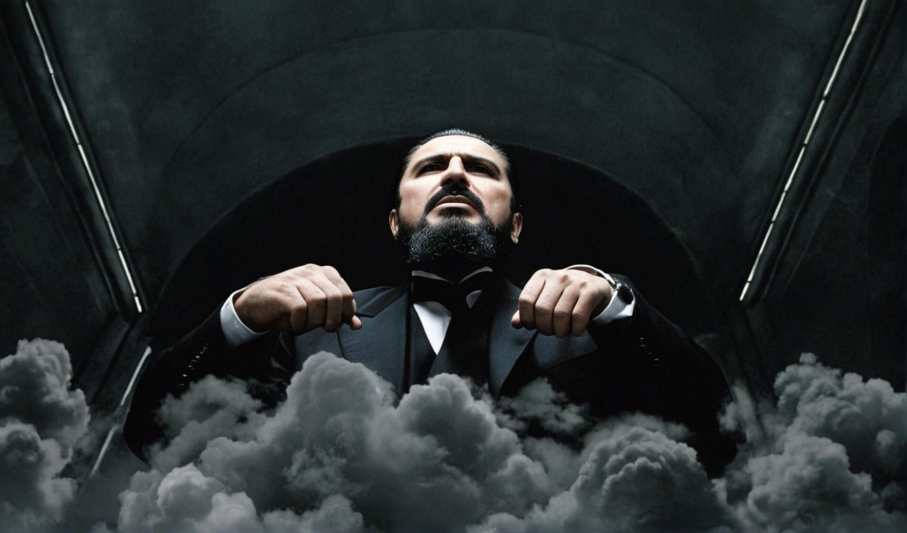 Man in Black Suit Against Dark Cloudy Background