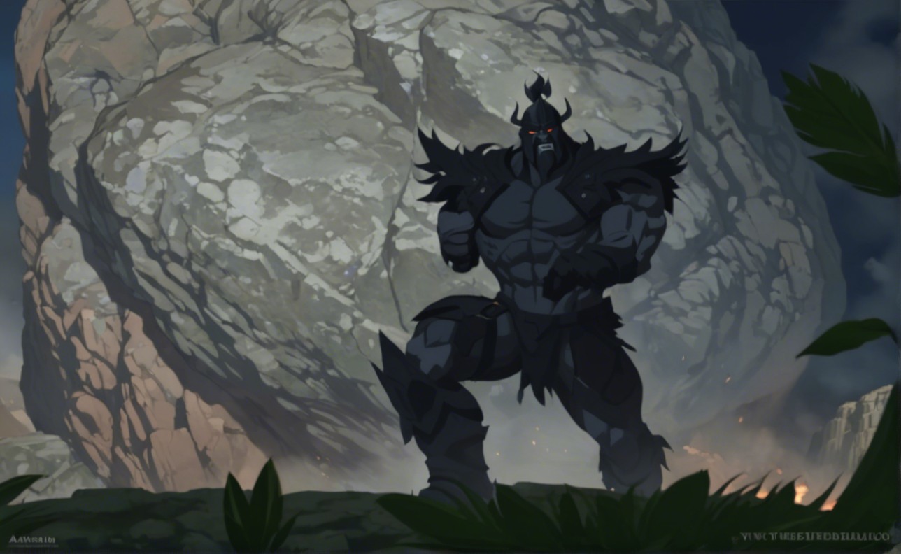 Muscular Figure in Dark Armor Before Massive Boulder