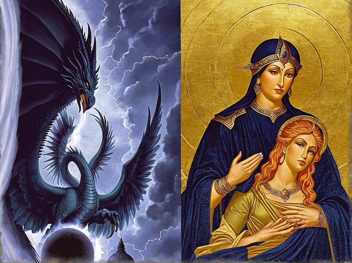 Dragon and Serene Figures in Contrasting Scenes