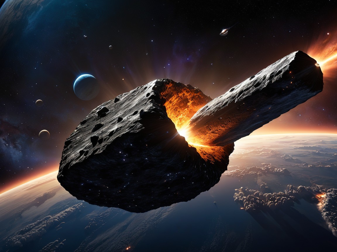 Asteroid Surrounded by Celestial Bodies in Space Scene