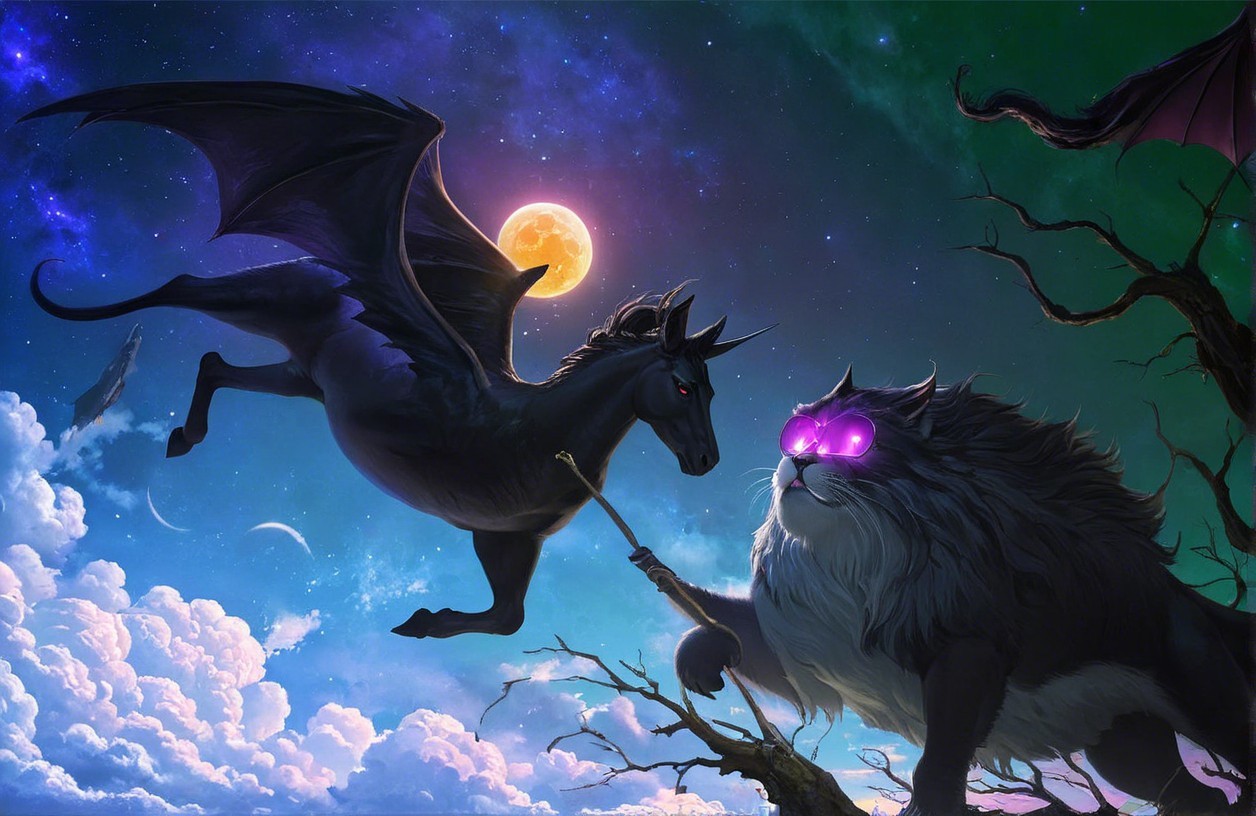 Mythical Black Unicorn with Wings in Night Sky Scene