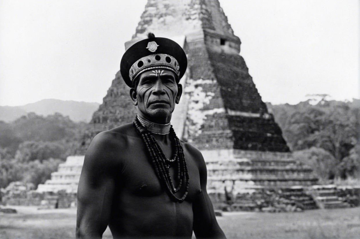 Black-and-white portrait of a man by a pyramid