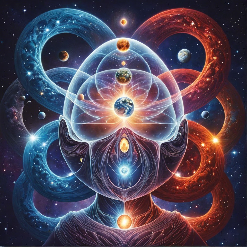 Cosmic Figure with Translucent Head and Celestial Elements