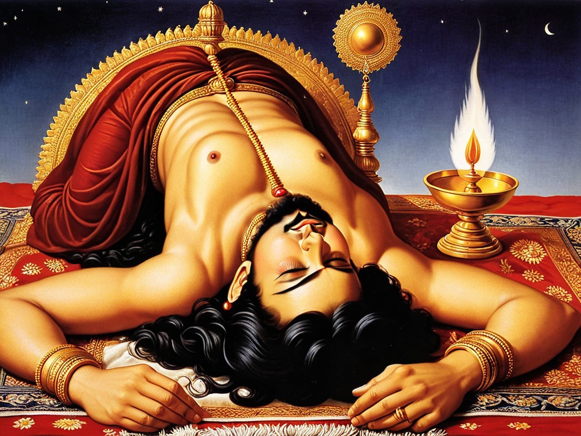 Serene Figure on Adorned Surface with Oil Lamp