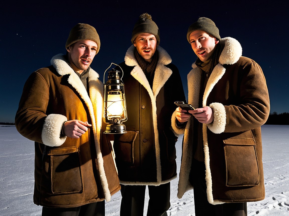Men in Fur Coats on Snowy Landscape at Night