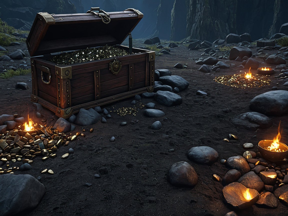 Wooden treasure chest filled with gold and jewels