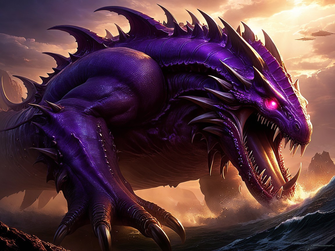 Purple-Scaled Dragon Emerges from Ocean at Sunset