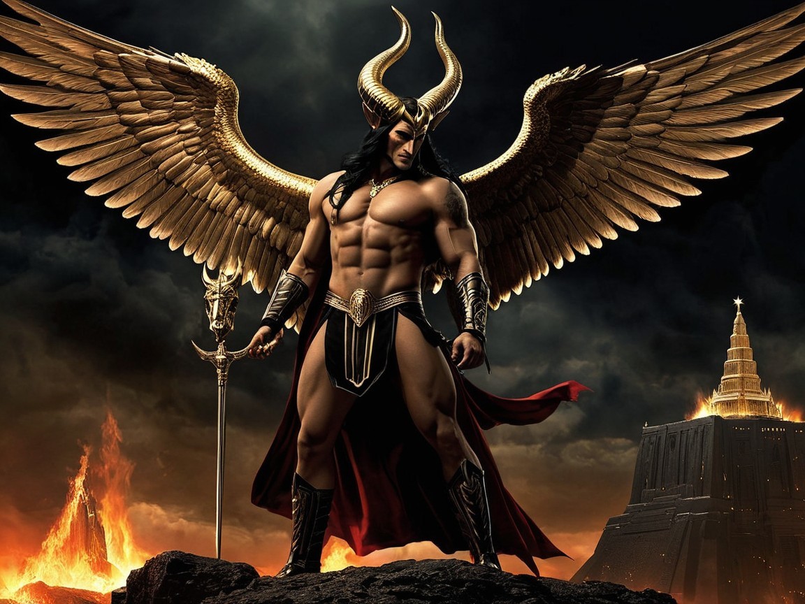 Muscular figure with golden wings and majestic armor