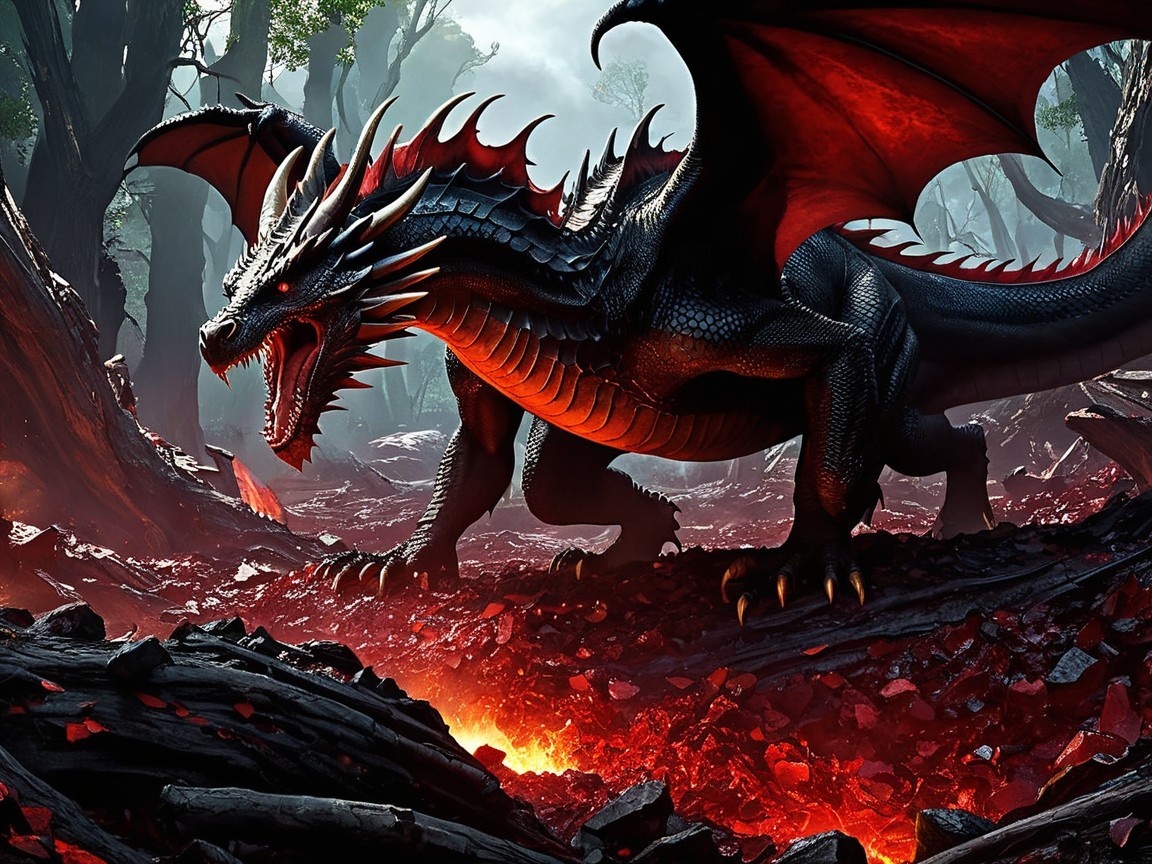 Majestic dragon in fiery landscape with molten lava