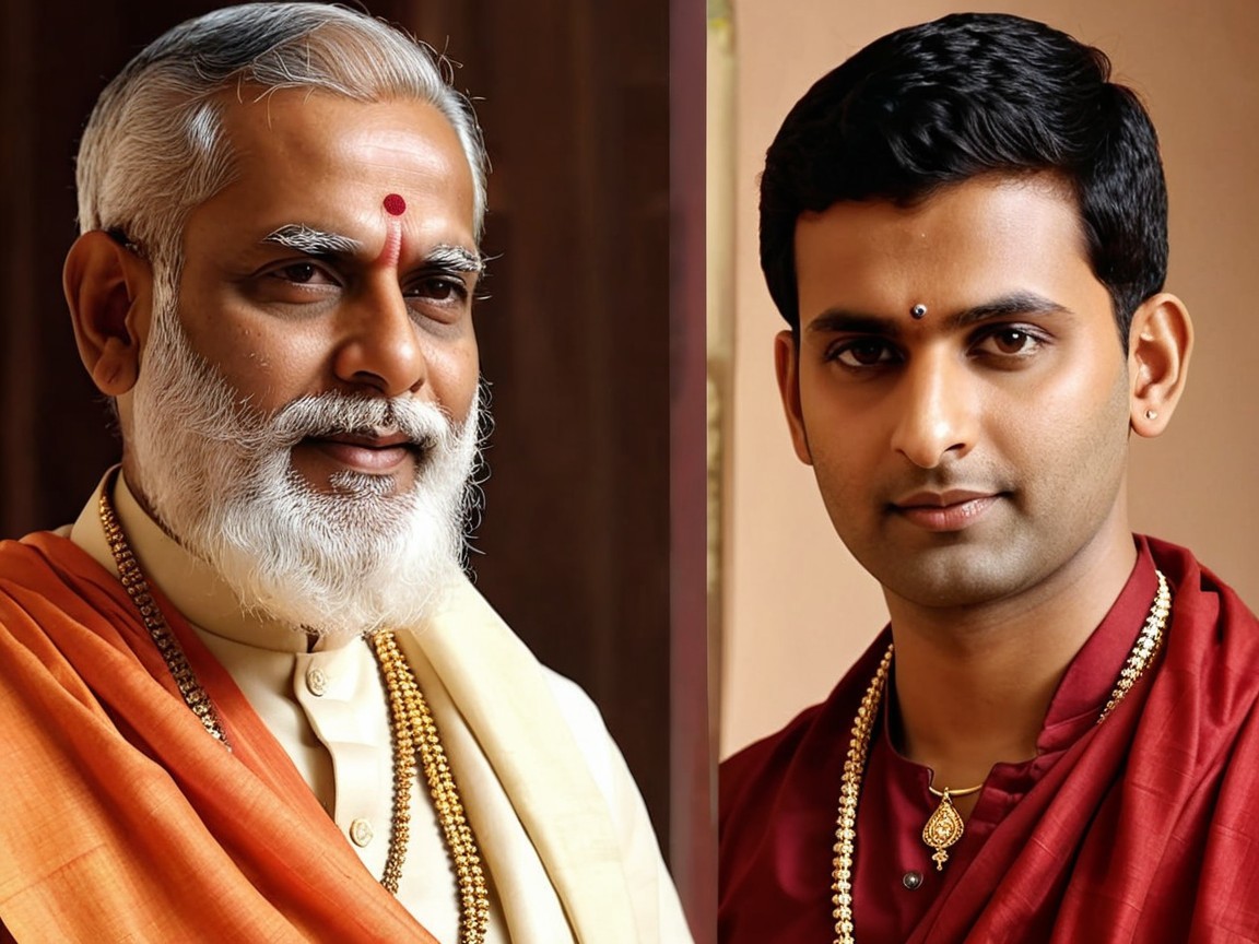 Two Individuals in Traditional Attire with Forehead Marks