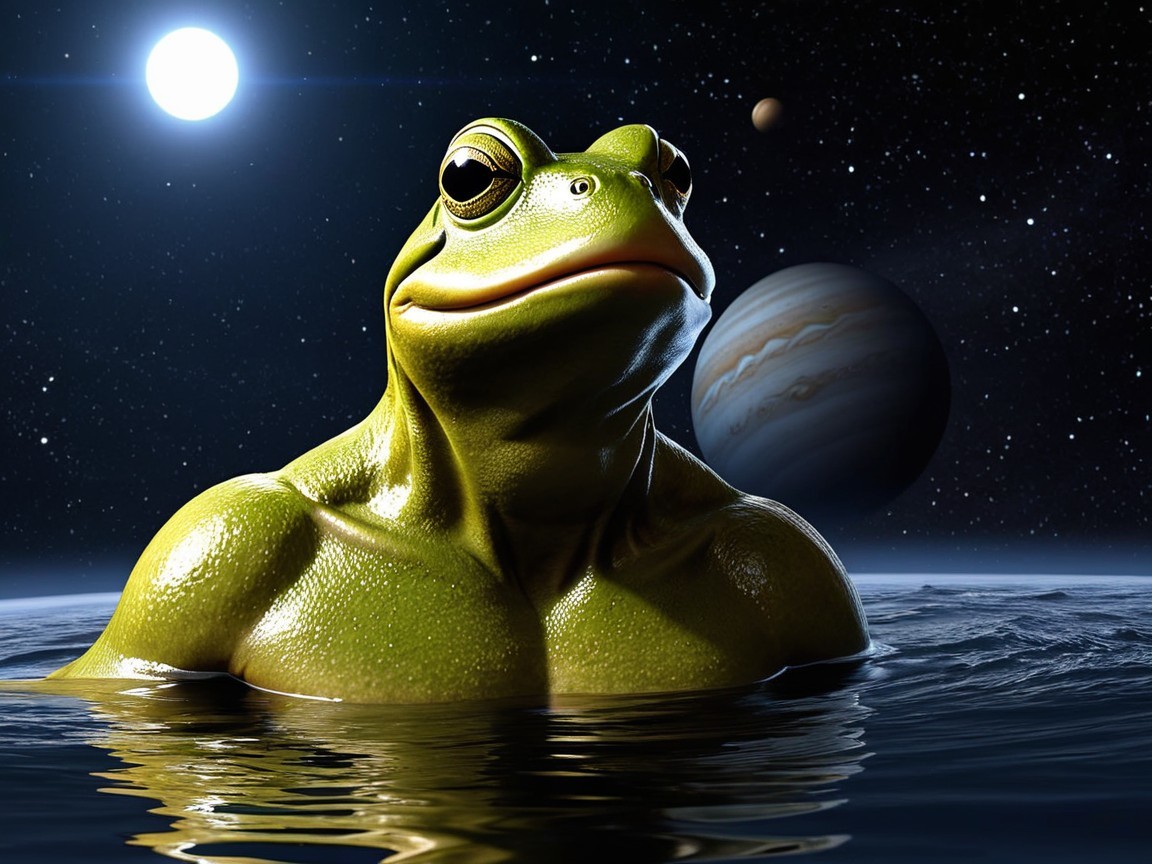 Muscular Green Frog in Cosmic Night Landscape