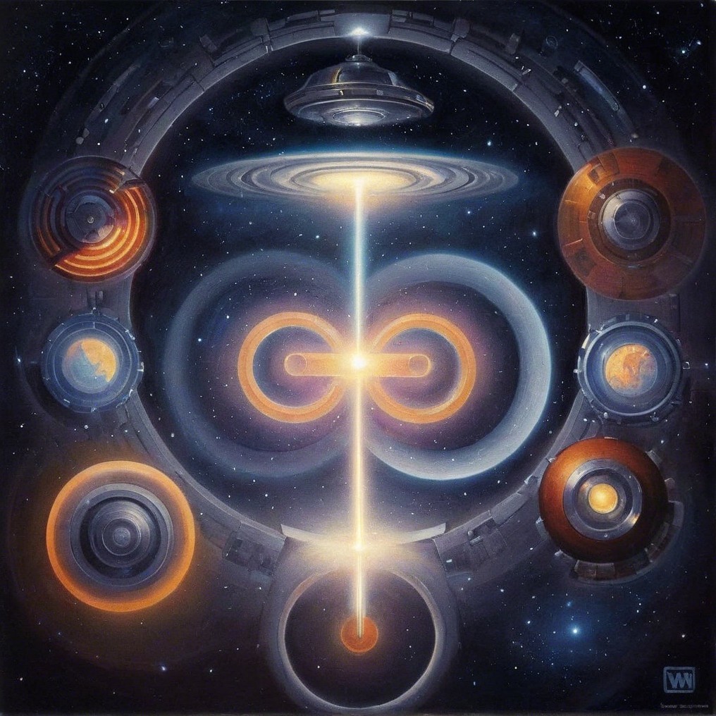 Cosmic Scene with Central Light and Orbiting Spacecraft