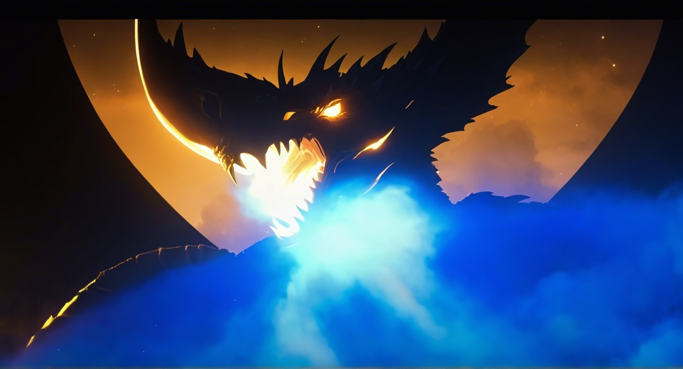 Colossal Dragon Against Fiery Orange Sky Background