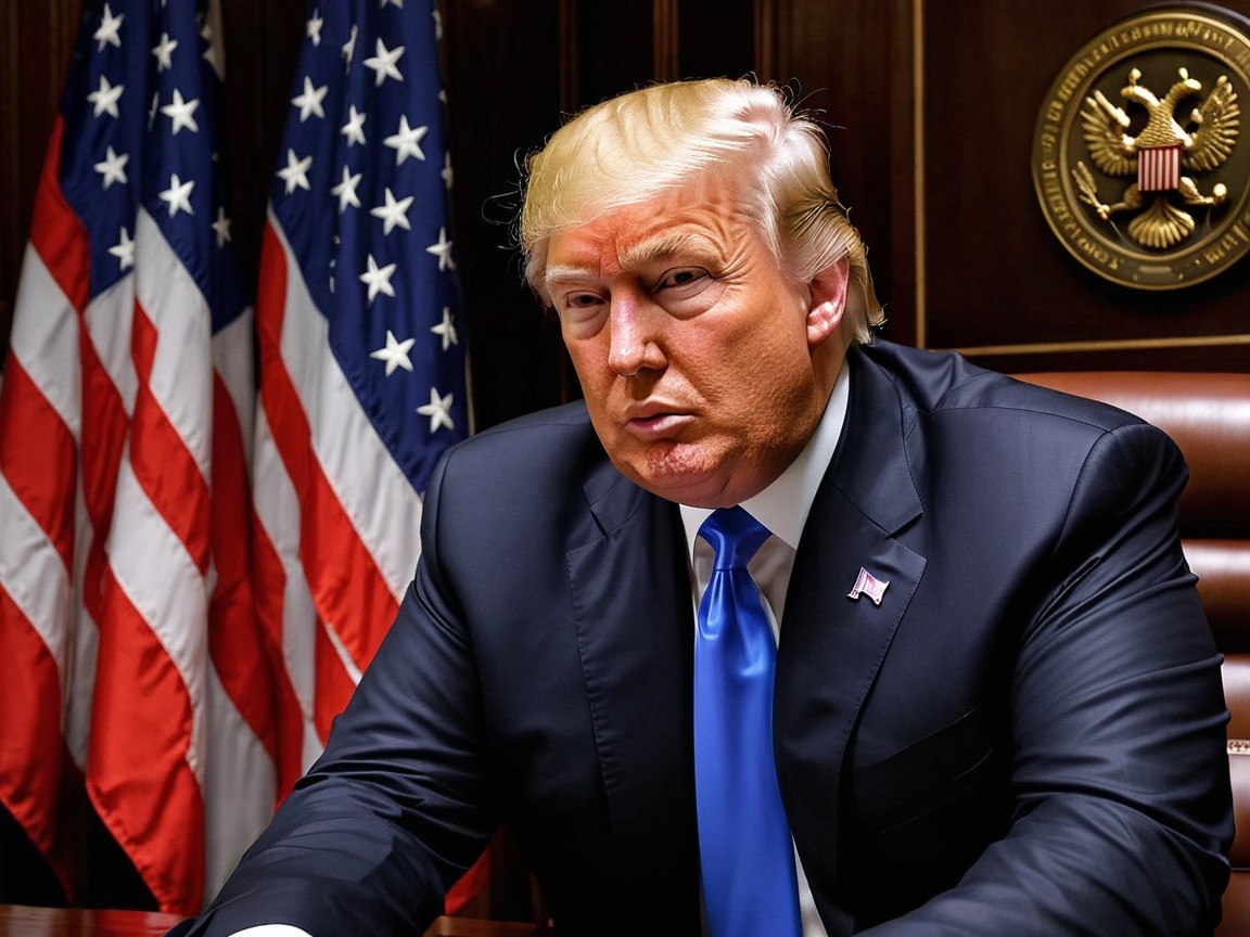 Man in Dark Suit at Desk with American Flags
